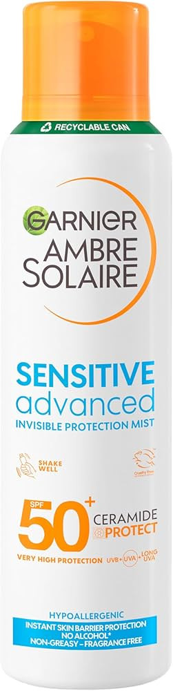 Garnier Ambre Solaire SPF 50+ Sensitive Advanced Dry Mist Sun Cream Spray, Water Resistant & Non ... | Amazon (UK)