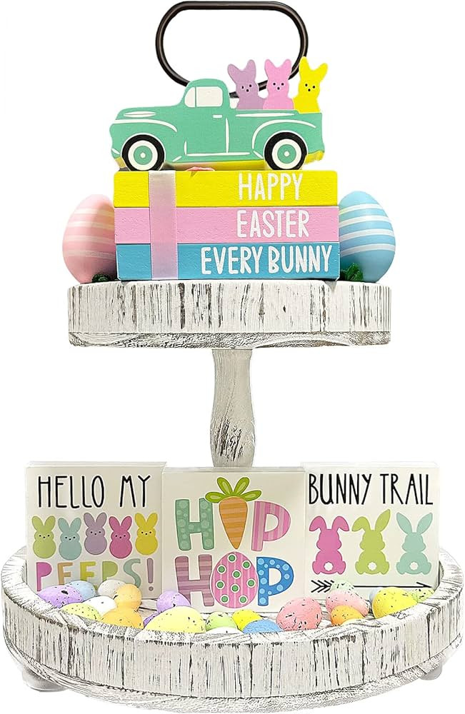 Sarybei Easter Bunny Tiered Tray Decor - 3 Double Sided Faux Book Stack 3 Wooden Bunny Signs 1 Pe... | Amazon (US)