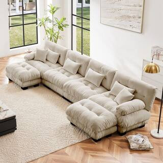 173.2 in. Square Arm 6-Piece Chenille U-Shaped Sectional Sofa with Ottomans in Light Coffee | The Home Depot