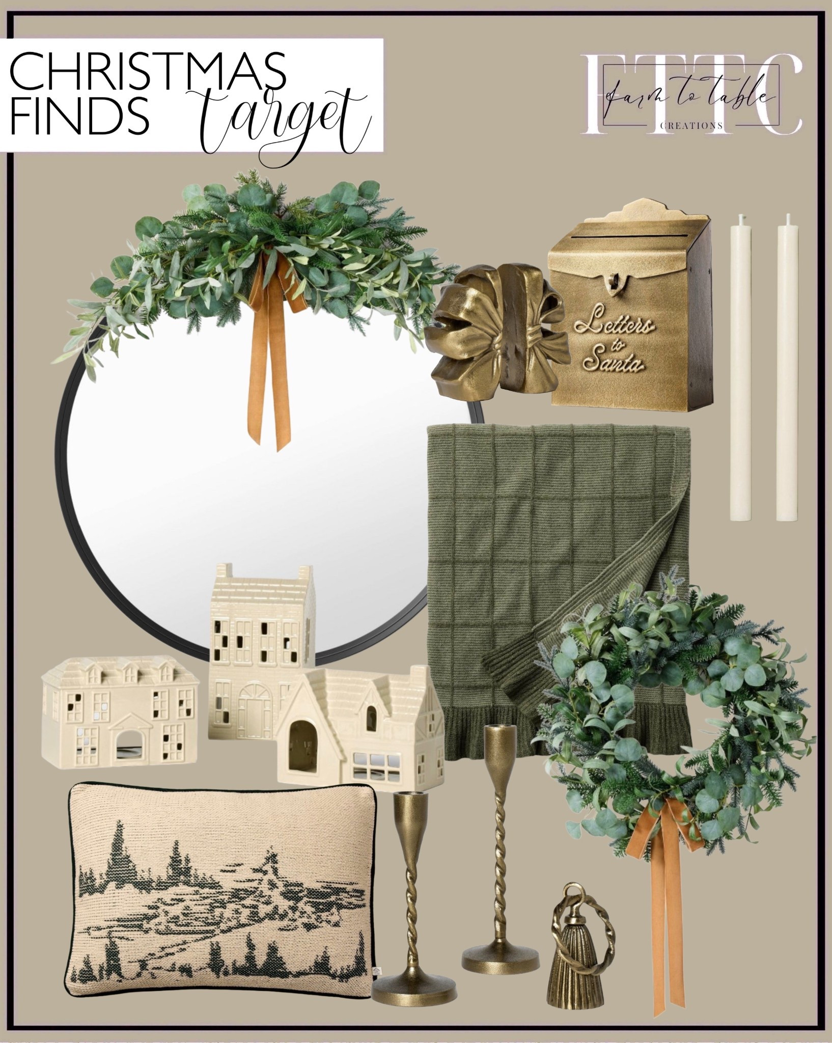 🎄Target Christmas Finds

Follow @farmtotablecreations on Instagram for cozy home styling inspiration.

These beautiful Target finds bring an elegant, timeless feel to Christmas decorating. From the brass Letters to Santa mailbox and twisted taper holders to the lush eucalyptus wreaths tied with velvet ribbon — each piece adds that perfect mix of festive charm and modern organic texture. I love how the ivory ceramic houses glow softly beside the forest-green throw and landscape pillow for a cozy layered look.

#christmasdecor #targetfinds #holidayhome #christmaswreath #manteldecor #christmashouses #neutralchristmas #holidaystyling #targetchristmas #christmasdecorations #modernchristmas #christmaspillows #christmasmantel #christmasfinds

#LTKHome #LTKFindsUnder50 #LTKSaleAlert