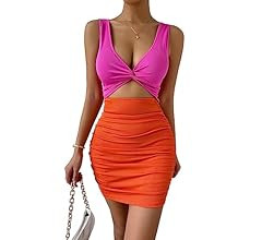 Verdusa Women's Colorblock Twist Cut Out Plunging Neck Sleeveless Bodycon Mini Dress | Amazon (US)