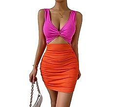 Verdusa Women's Colorblock Twist Cut Out Plunging Neck Sleeveless Bodycon Mini Dress | Amazon (US)