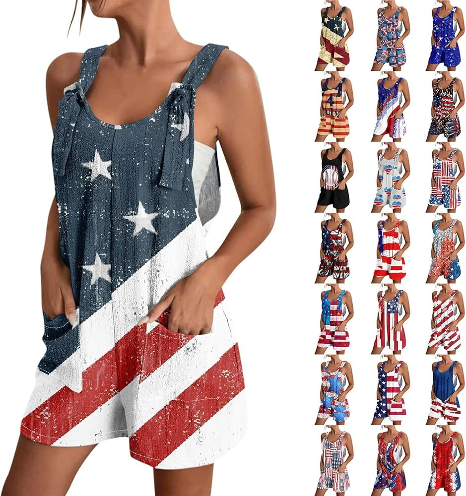 Womens American Flag Overalls Shorts Trendy Sleeveless Sexy Festival Rompers | Amazon (US)