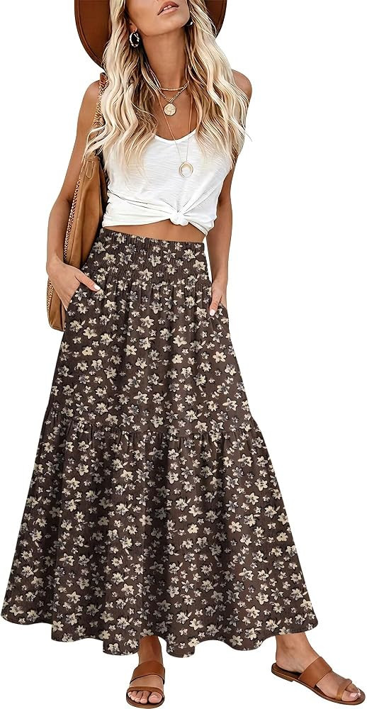 StunShow Women's Maxi Skirts Boho High Waisted Flowy A Line Pleated Beach Long Skirt with Pockets... | Amazon (US)