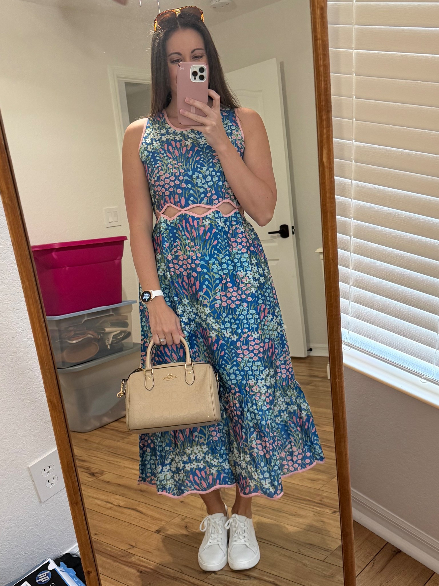 Baby shower ready in a gorgeous dress from Beau & Ro! Keeping it casual with white sneakers instead of heels or wedges! Love a top handle bag that has a crossbody strap when needed! And in Florida, always have your sunnies! 

#LTKgrwm #LTKootd #LTKSeasonal