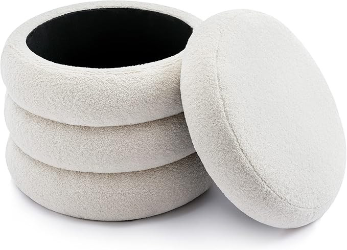 Round Boucle Ottoman with Storage, Upholstered Small Sherpa Foot Stool, Tufted Modern Footrest fo... | Amazon (US)