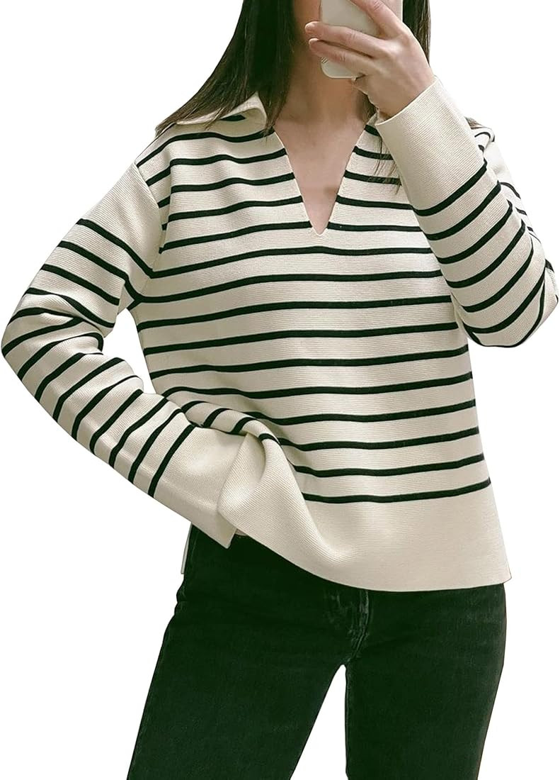 Chunoy Women's Casual Striped Jumper Long Sleeve V Neck Loose Pullover Knit Sweater | Amazon (US)