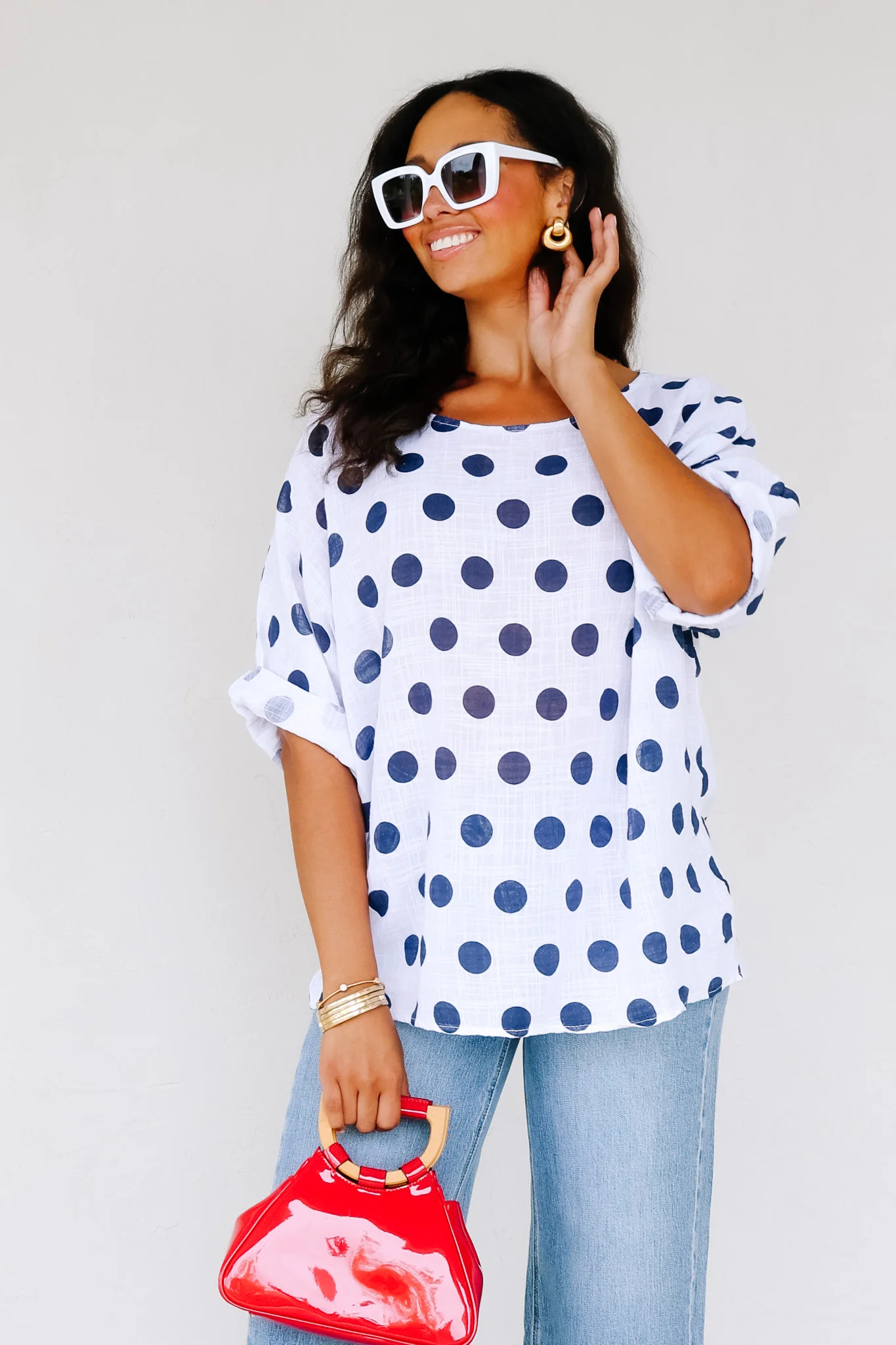 TWT® Lena Navy Polka Dot Short Sleeve Blouse | The Willow Tree