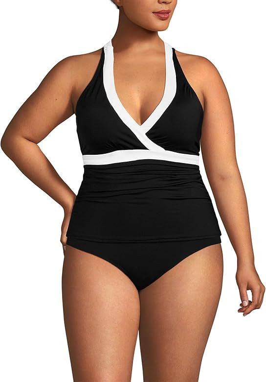 Lands' End Women's Texture V-Neck Halter Tankini Swimsuit Top | Amazon (US)