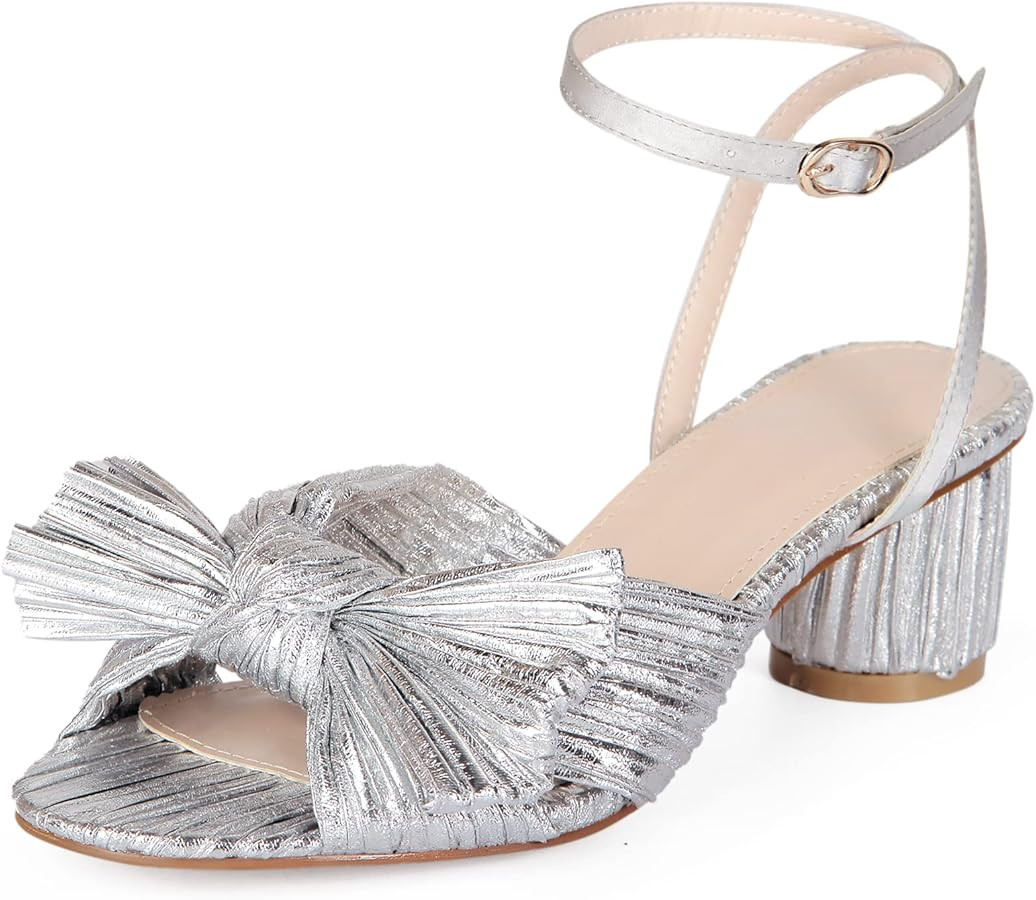 MUCCCUTE Women's Bow Knot Heeled Sandals Ankle Buckle Strap Chunky Heeled Open-toe Comfortable We... | Amazon (US)