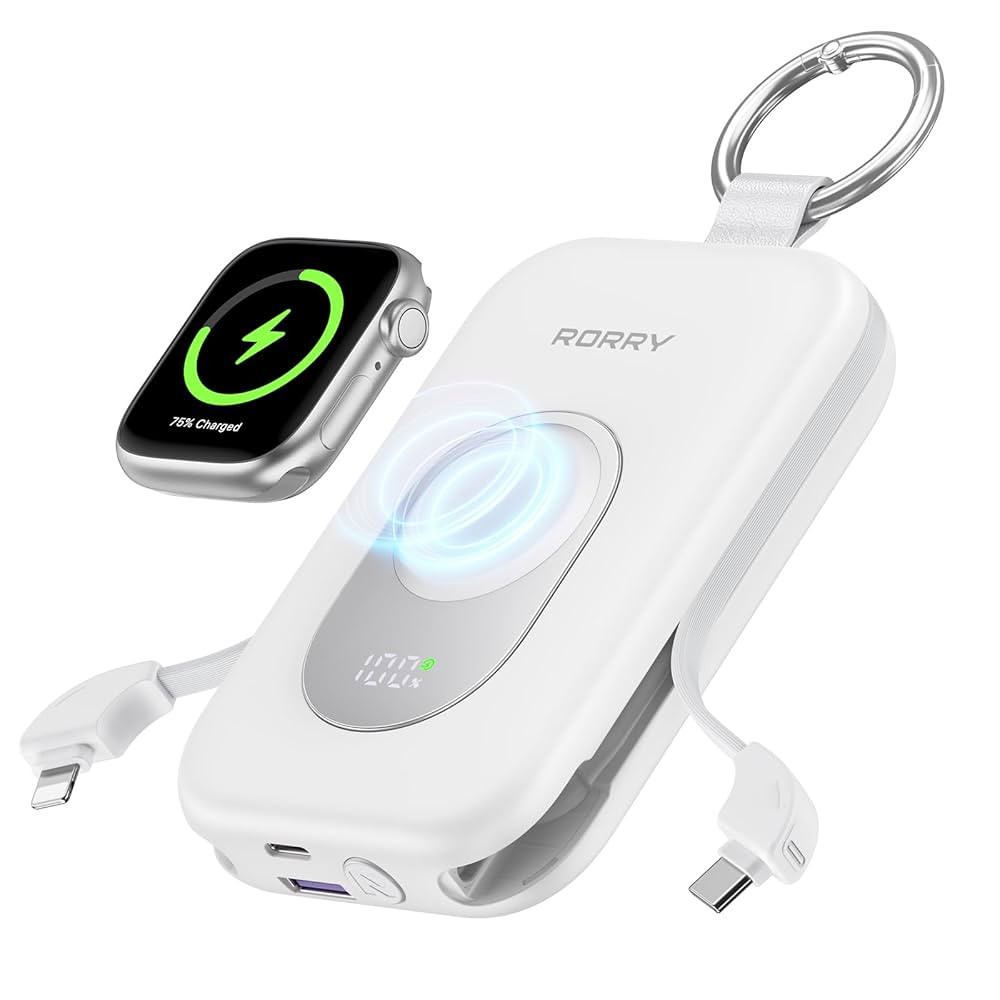 RORRY Portable Charger, 20000mAh PD 30W Portable Charger Power Bank with 2 Built-in Cables, Super Fast Charging Battery Pack with Keychain, Travel Essentials for iPhone, Apple Watch, iPad, White | Amazon (US)