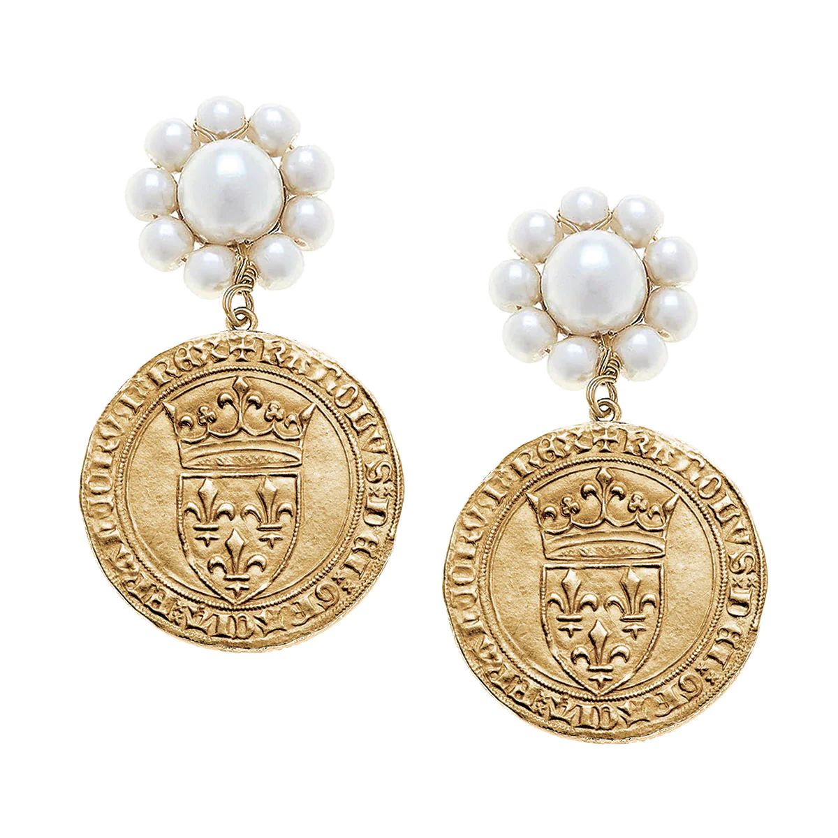 CANVAS Style x MaryCatherineStudio French Coin Pearl Drop Earrings in Worn Gold | CANVAS