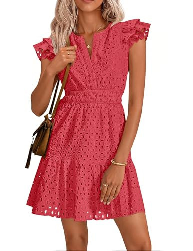 ZESICA Women's Summer Flutter Short Sleeve Mini Dress 2026 V Neck Hollow Out Eyelet A Line Swing Beach Short Sundress Watermelon Medium | Amazon (US)