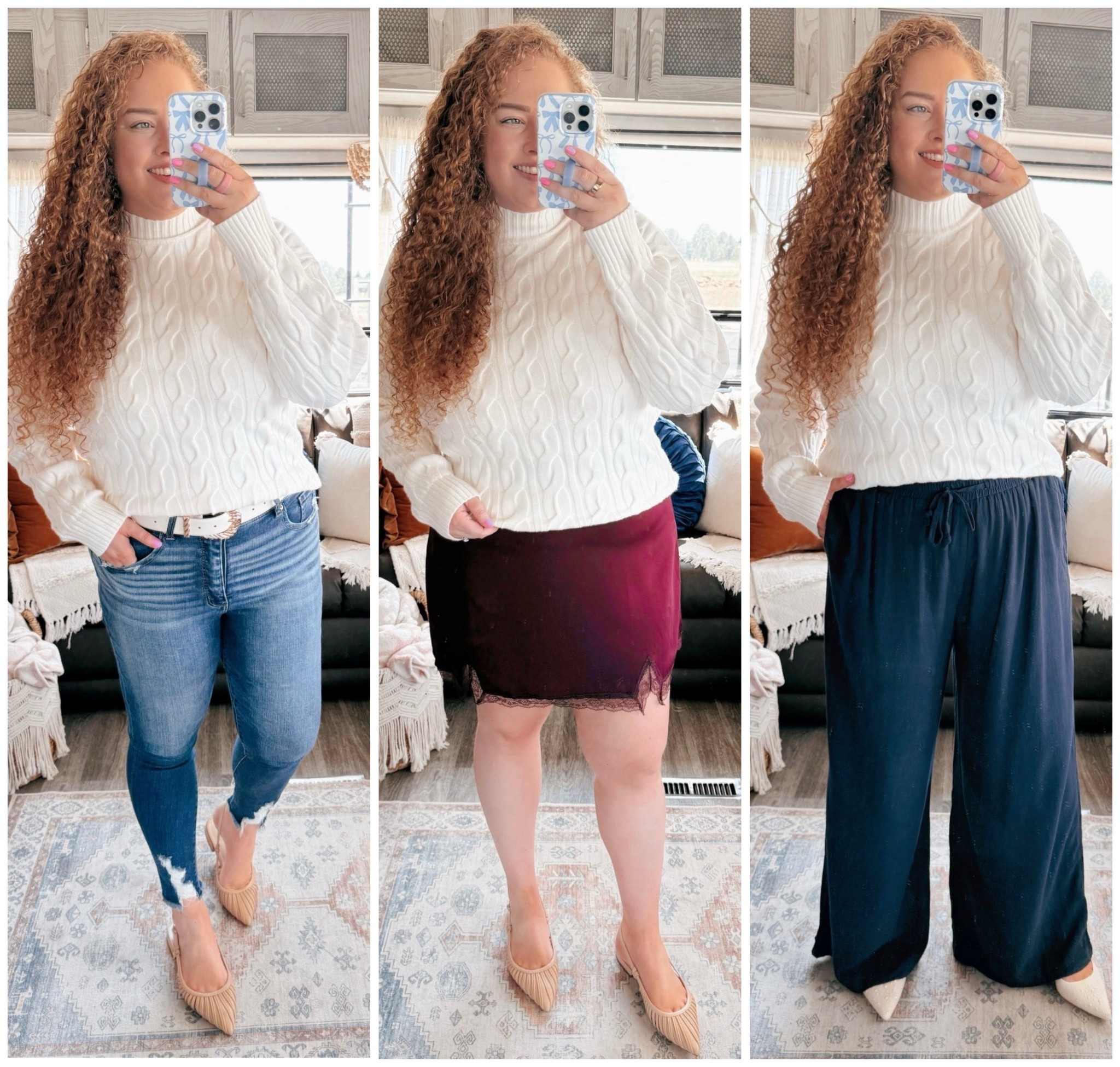Cozy closet staple 🤍 A classic white sweater is the ultimate fall & winter MVP 👏 Here are 3 easy ways to style it so you’ll never run out of outfit ideas ✨ amazon sweater | amazon white sweater | amazon fall sweater | fall outfit | flats | amazon flats | fall flats | sling back flats | neutral sling back flats | amazon fall outfit | casual fall outfit | amazon fall casual outfit | skinny jeans | curvy jeans | buckle jeans | amazon fashion | amazon finds | amazon look | amazon outfit | fall outfit | fall look | fall fashion | fall finds | fall outfit inspo | fall fashion inspo | fall 2025 | belt | amazon belt | cream belt | chic belt | navy dress pants | amazon navy dress pants | amazon dress pants | white heels | pearl heels | target heels | red skirt | amazon red skirt | amazon skirt 

#LTKautumn 

#LTKStyleTip #LTKSaleAlert #LTKMidsize