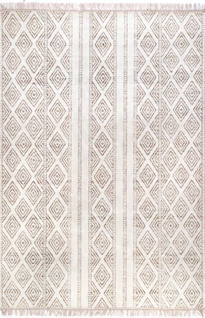Beige Indoor/Outdoor Striped With Tassels 2' x 4' Area Rug | Rugs USA