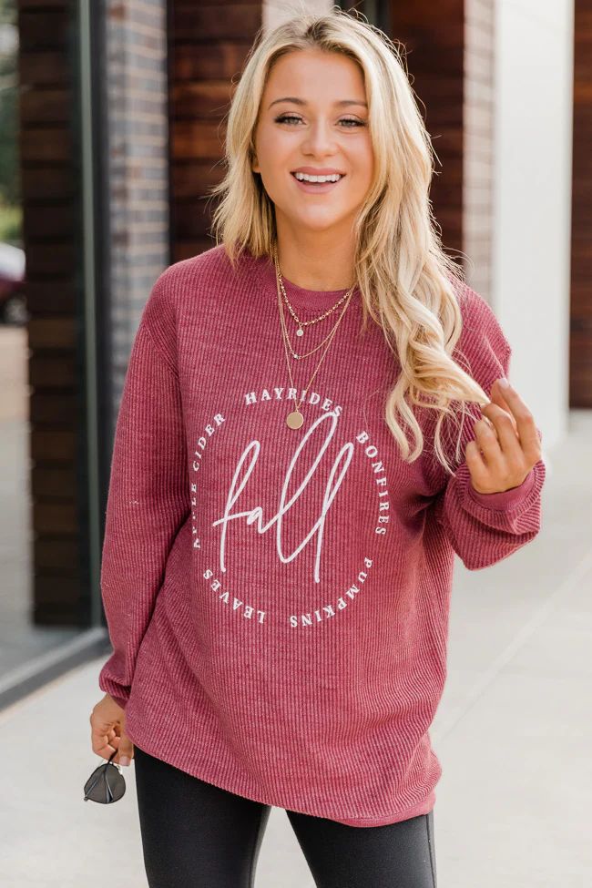 Fall Script Graphic Maroon Corded Sweatshirt | Pink Lily