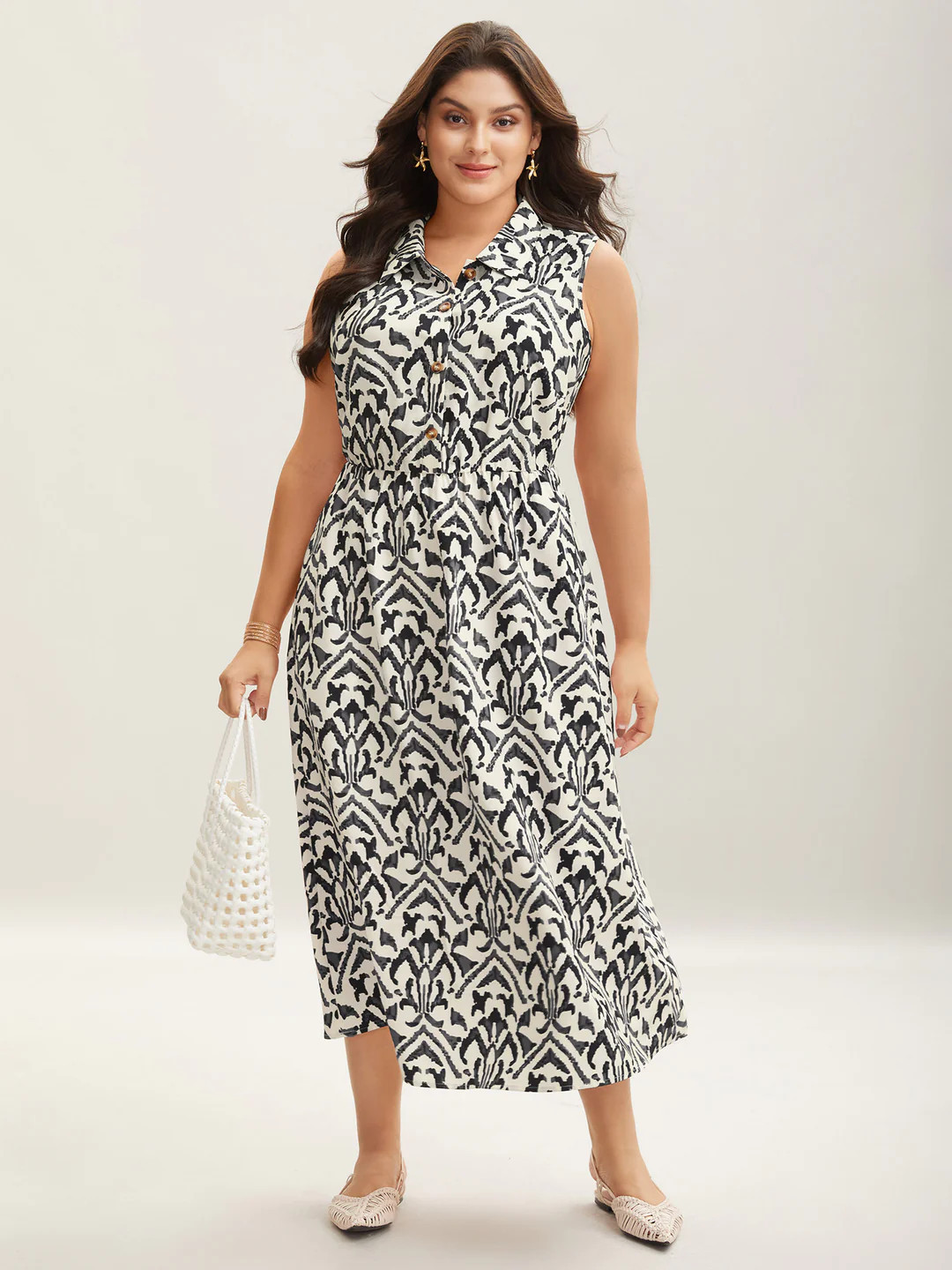 Spring Abstract Print Shirt Collar Midi Dress | Bloomchic