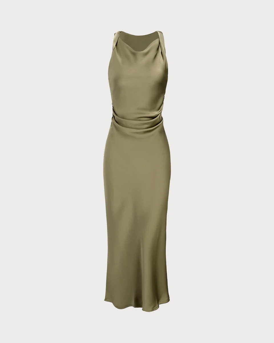 Green Satin Boat Neck Slip Midi Dress | rihoas.com
