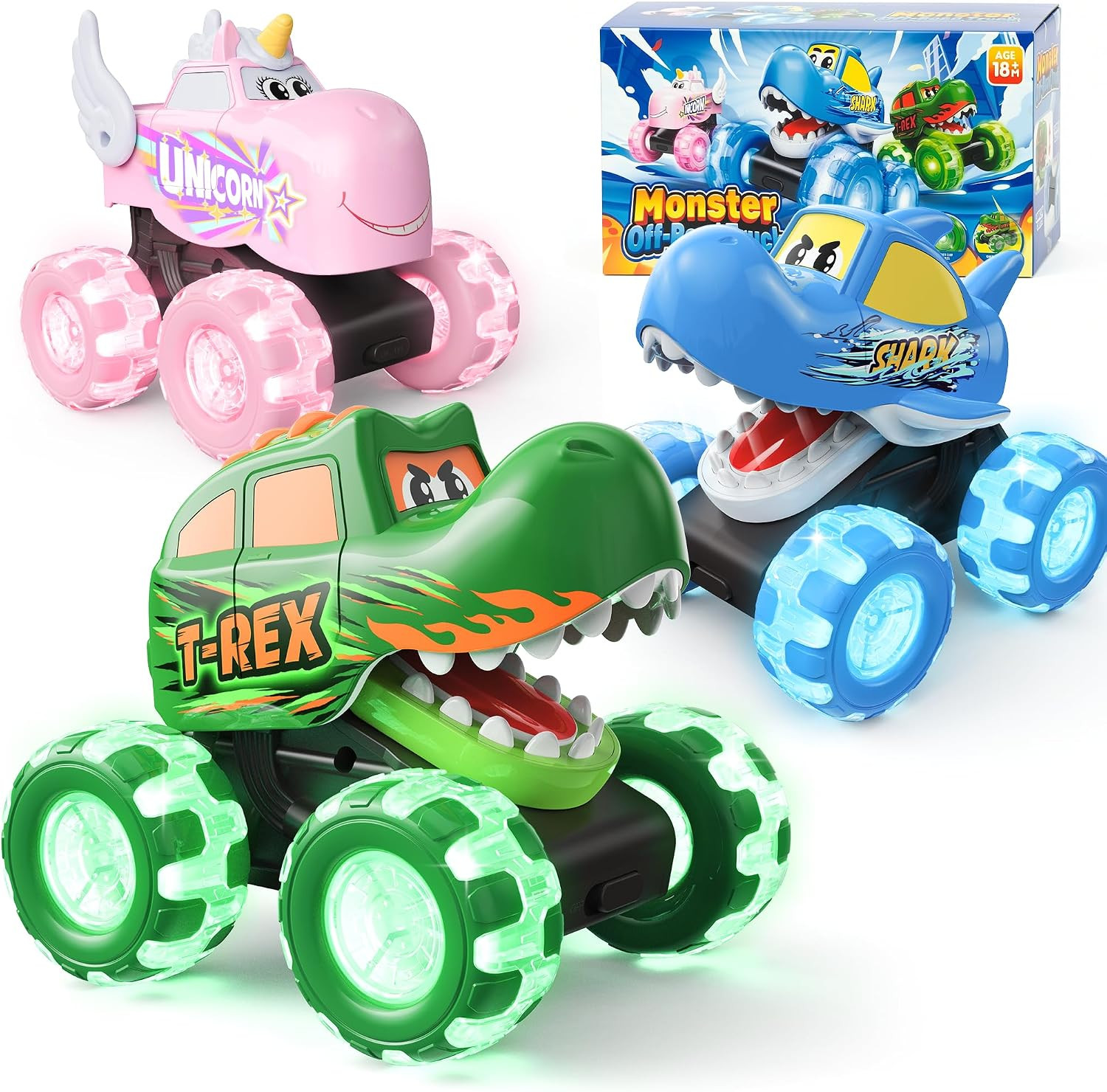 3 Pack Monster Truck Toys for Toddlers, Light Up Cars for Baby Boy Gifts | Amazon (US)