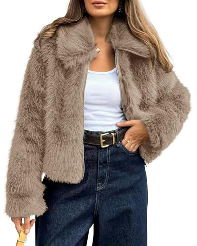 BTFBM Faux Fur Jacket Women Fluffy Winter Coats Zip Up Fuzzy Jackets Long Sleeve Furry Coat Shaggy 2025 Fall Clothes(Khaki, Small) | Amazon (US)