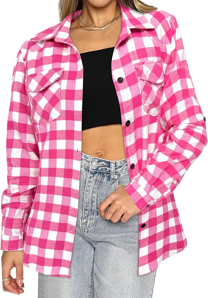 HOTOUCH Women's Long Roll Up Sleeve Cotton Flannels Plaid Shirts Classic Fit Button Down Shirt Bl... | Amazon (US)