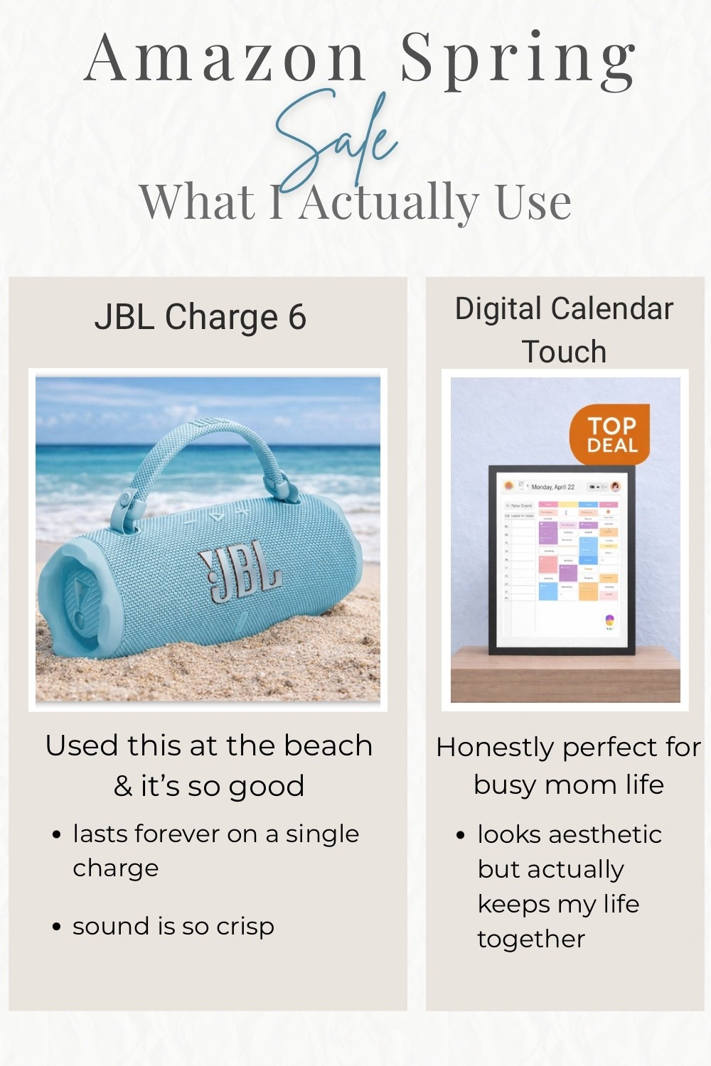 Amazon spring sale finds I actually use 🤍  
The JBL speaker is so good (used it at the beach + it lasted forever)
and the digital calendar is perfect for busy mom life
everything is linked here 🤍

#LTKHome #LTKSaleAlert #LTKmomlife