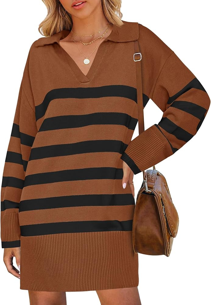 ZESICA Women's Striped Sweater Dress 2024 Fall Long Sleeve V Neck Collar Loose Knit Mini Dresses | Amazon (US)