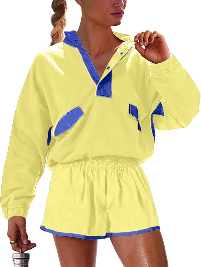 UNIANKIYA Womens Two Piece Matching Sets Long Sleeve Top Short Set with Pockets Casual Workout Lo... | Amazon (US)