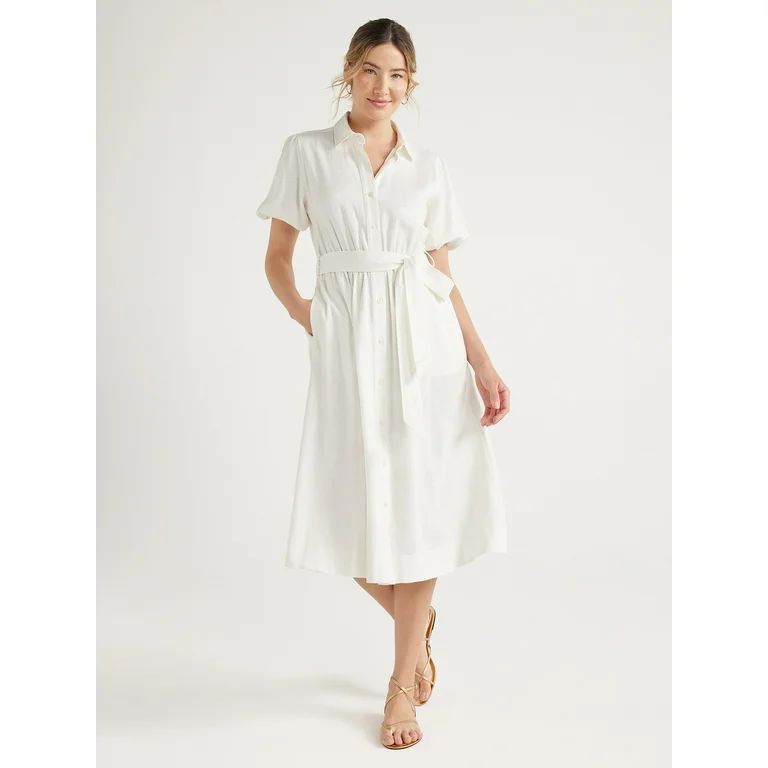 Free Assembly Women’s Midi Shirtdress with Puff Sleeves, Sizes XS-XXL | Walmart (US)