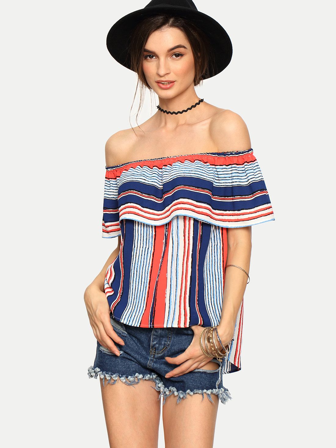 Flounce Layered Neckline Vertical Striped Blouse | SHEIN