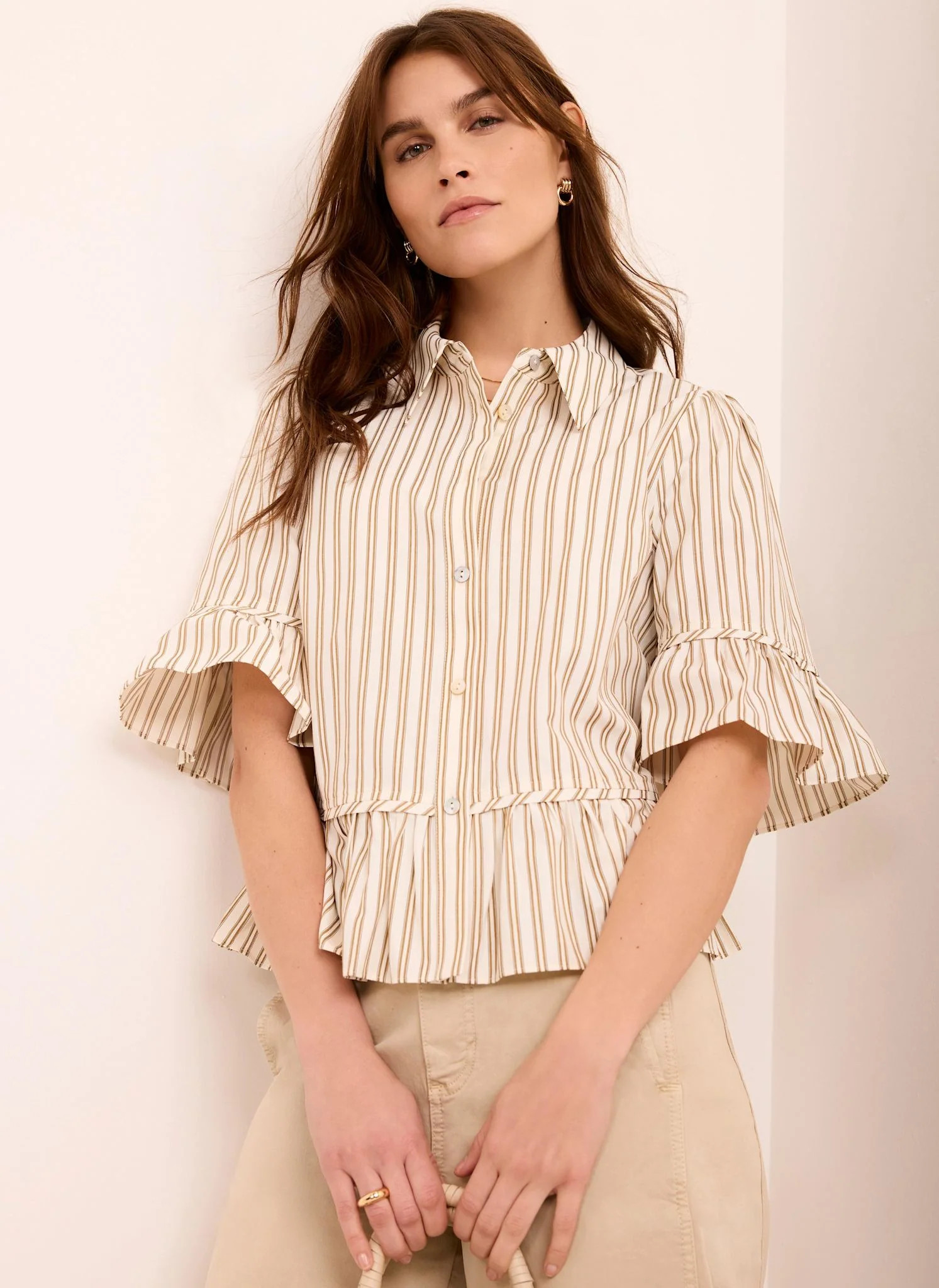 Neutral Striped Ruffle Trim Shirt | Mint Velvet