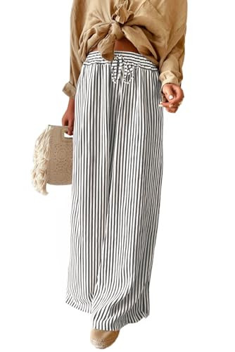 Acelitt Womens Casual Striped Loose Wide Leg Pants Drawstring Elastic High Waisted 2026 Summer Trendy Relaxed Fit Beach Pants Trousers Gray XL | Amazon (US)