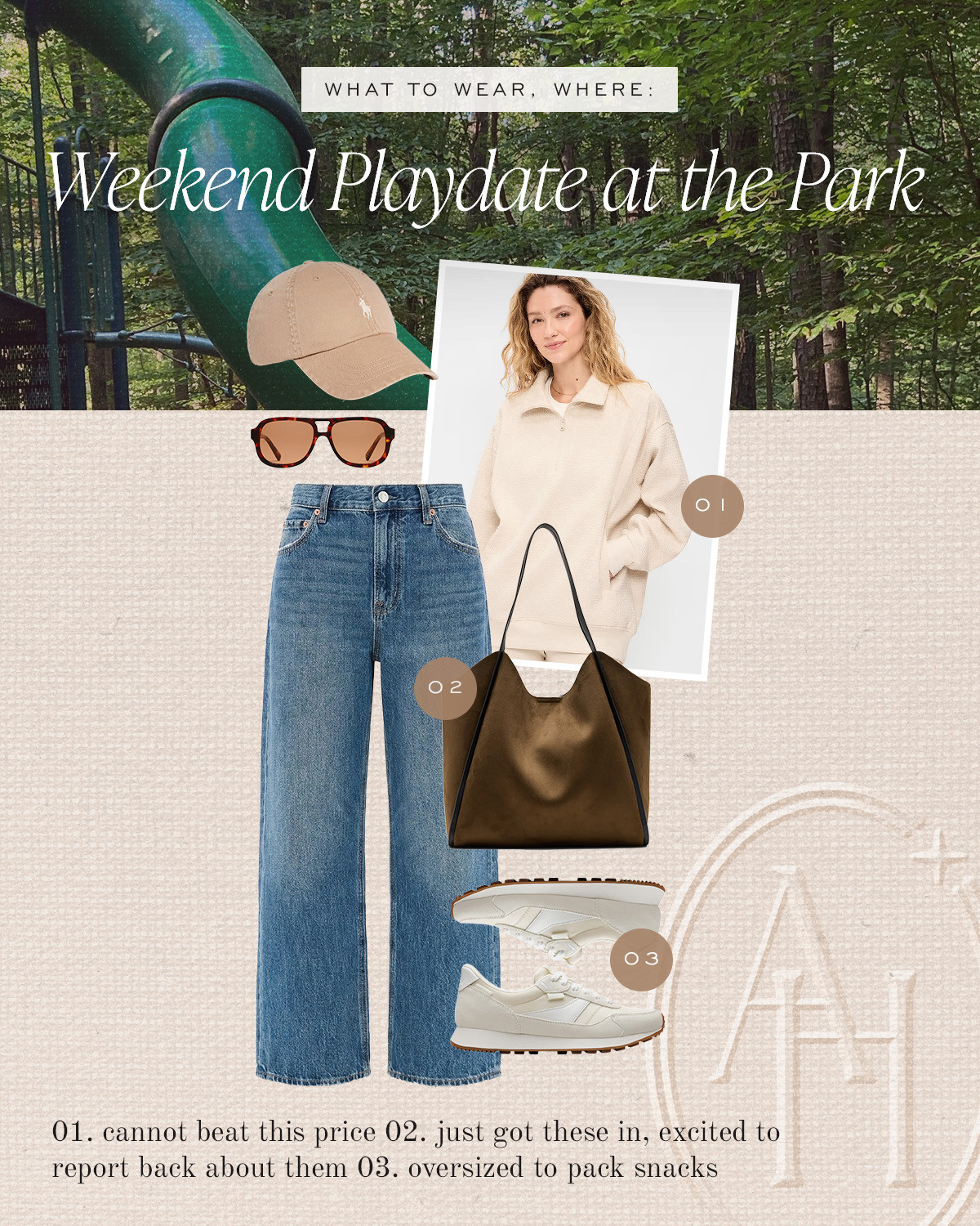 Casual mom ootd for park, school drop off or running errands. Trendy sunglasses, fleece pullover, comfy jeans and an oversized tote for snacks.  

 #LTKdayinmylife #LTKootd