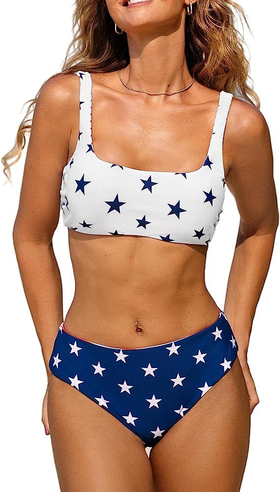 CUPSHE Women's Bikini Set Two Piece Swimsuits Scoop Neck U Back Tank Mid Rise Wide Straps Reversi... | Amazon (US)
