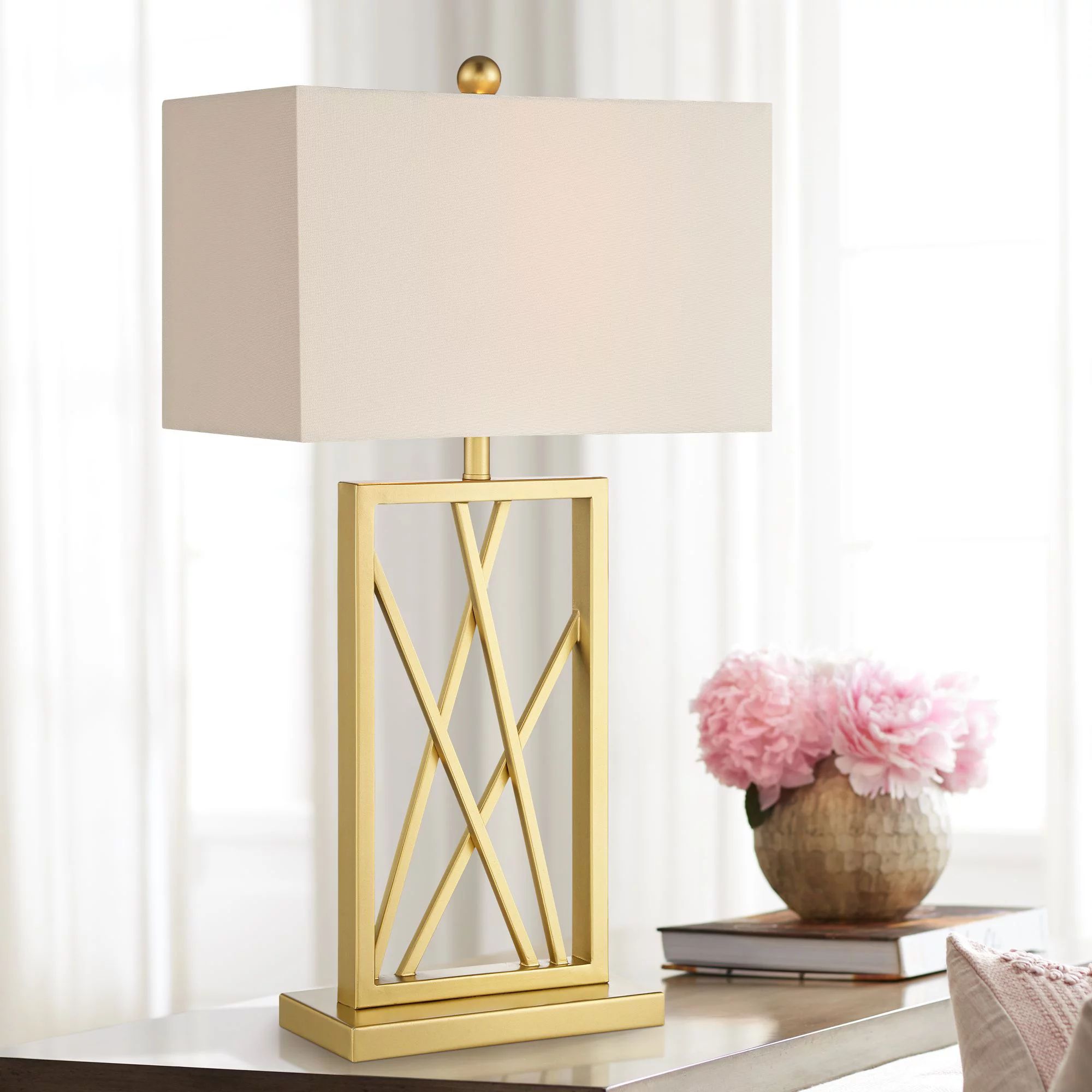 360 Lighting Modern Luxury Table Lamp 26.5" High Gold Brass Metal Open Base White Rectangle Shade... | Walmart (US)