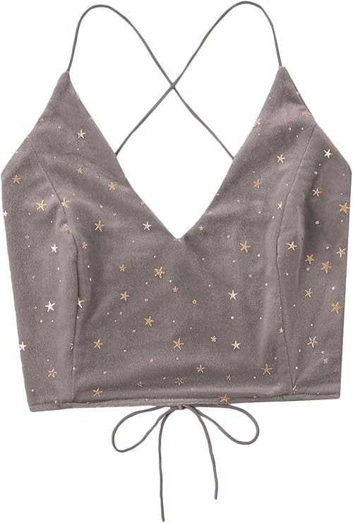 Verdusa Women's Velvet Galaxy Print Crisscross Back Spaghetti Strap Crop Cami Top | Amazon (US)