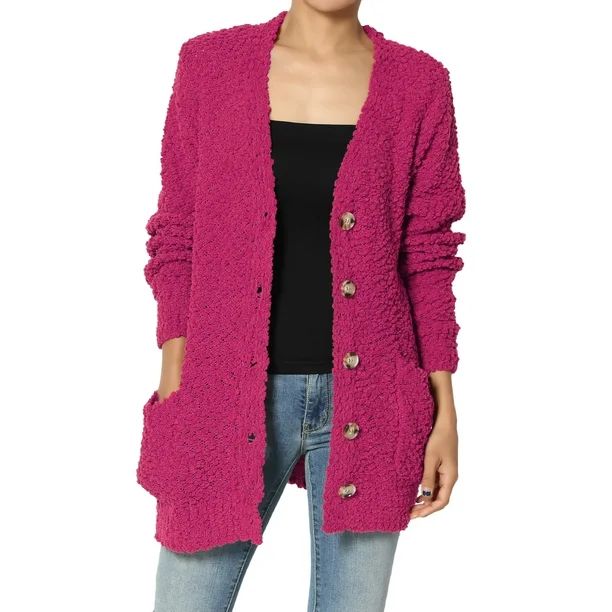 TheMogan Women's S~3X V-Neck Pocket Teddy Knit Cardigan Button Down Sweater | Walmart (US)