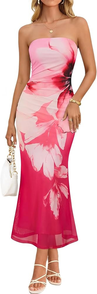 ZESICA Womens Summer Floral Strapless Maxi Dress 2026 Off Shoulder Mesh Tube Bodycon Wedding Gues... | Amazon (US)