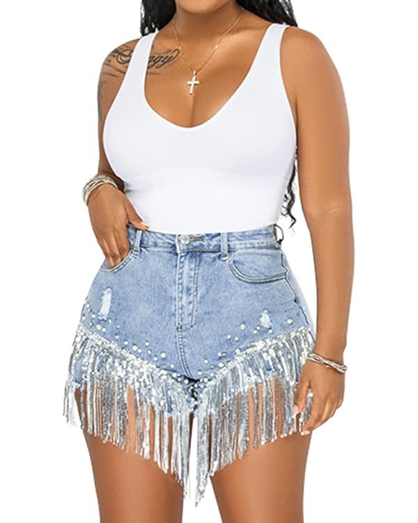 Women's Rhinestone Pearl Beaded Denim Shorts Summer High Waist Frayed Raw Hem Jeans Shorts | Amazon (US)