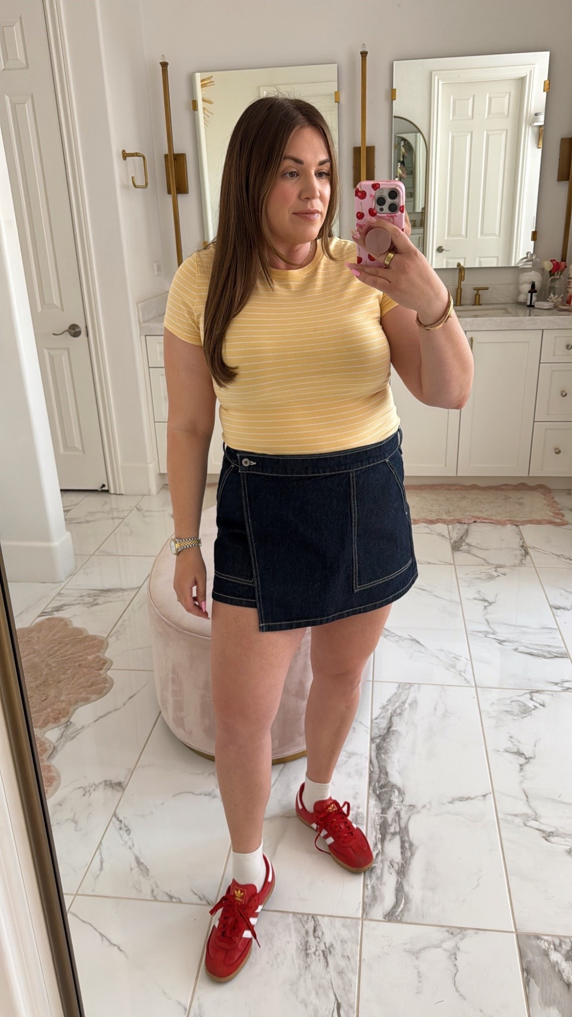 curvy midsize spring outfit! wearing size large in yellow striped tee and size 32 in denim wrap skirt 

#LTKSpringSale #LTKFindsUnder100 #LTKMidsize