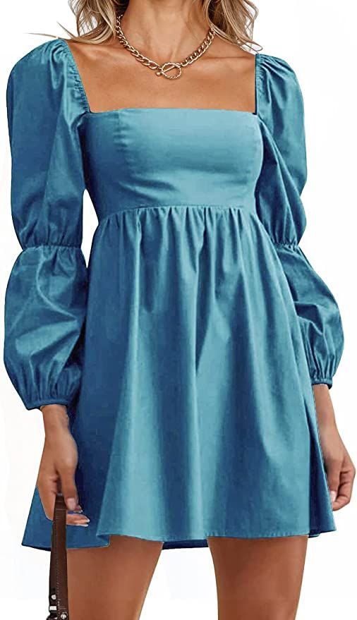 PRETTYGARDEN Women's Fall Long Puff Sleeve Babydoll Dress Casual Square Neck Elastic Waist Ruffle... | Amazon (US)