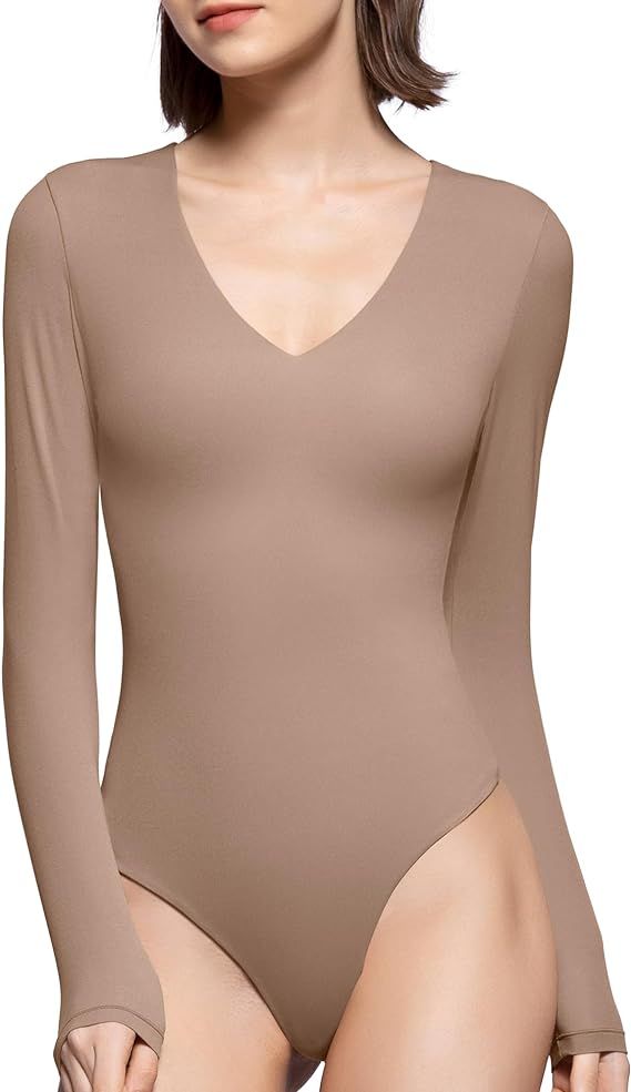 PUMIEY Bodysuits for women V Neck Long Sleeve Body Suit Sexy Tops Smoke Cloud Pro Collection | Amazon (US)