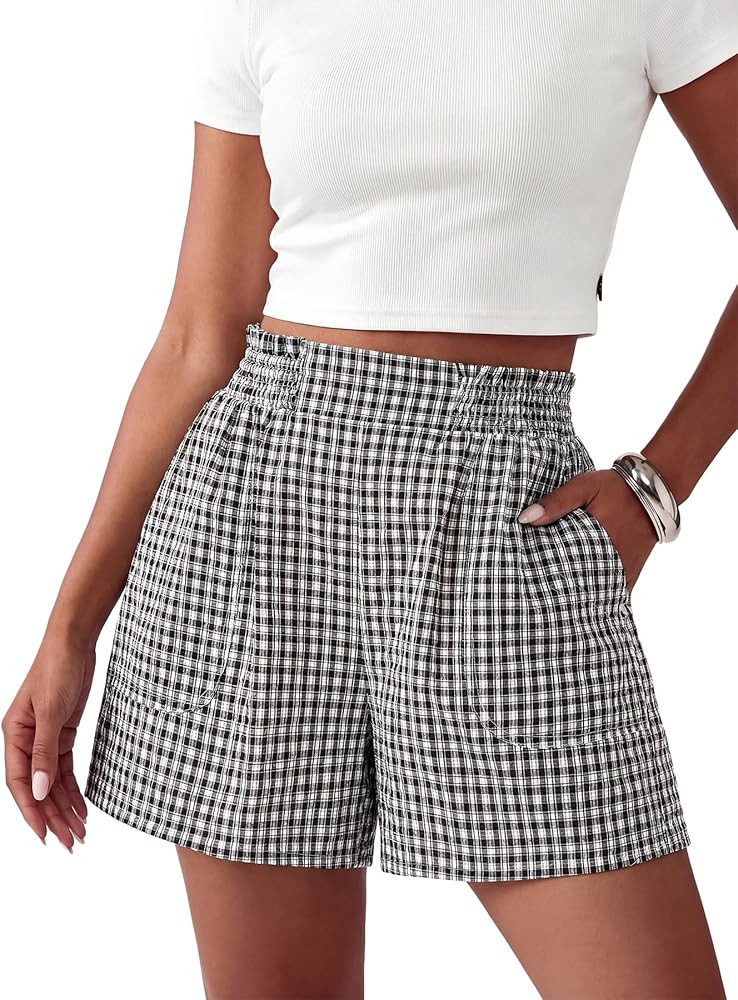 CFLONGE Boxer Shorts for Women Gingham Pajama Lounge Sleep Casual Plaid Shorts Y2k Summer Clothes... | Amazon (US)