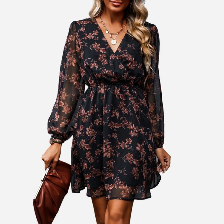 Women's Long Sleeve Floral Chiffon A Line Dress- Cupshe | Target