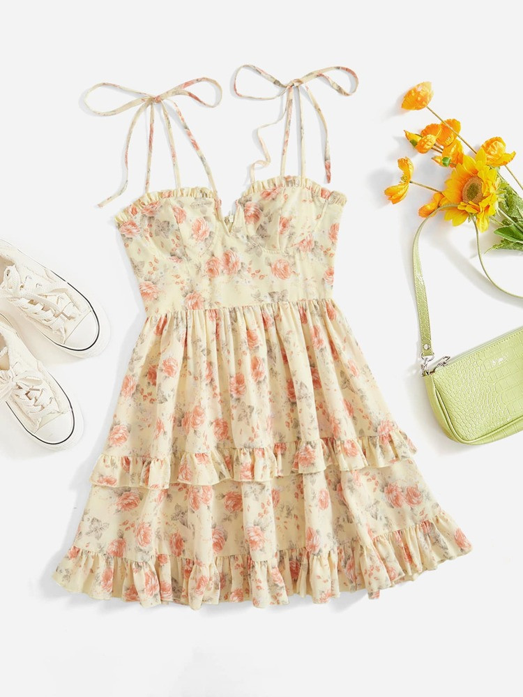 SHEIN MOD Floral Print Tie Shoulder Ruffle Trim Cami Dress | SHEIN