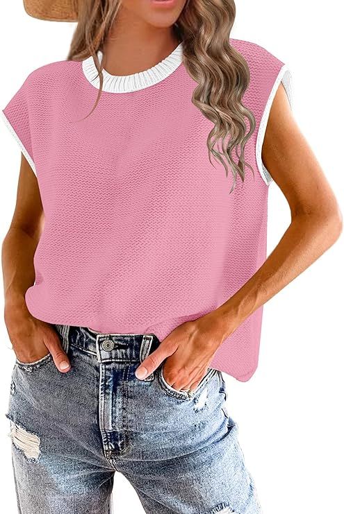 Womens Sleeveless Sweater Vest Summer Cap Sleeve Tops 2024 Clothes Spring Knit Pullover Shirts | Amazon (US)