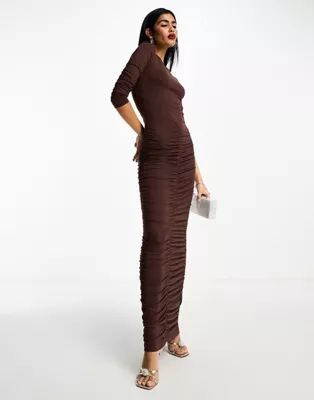 ASOS DESIGN long sleeve maxi dress with ruched skirt in chocolate | ASOS (Global)