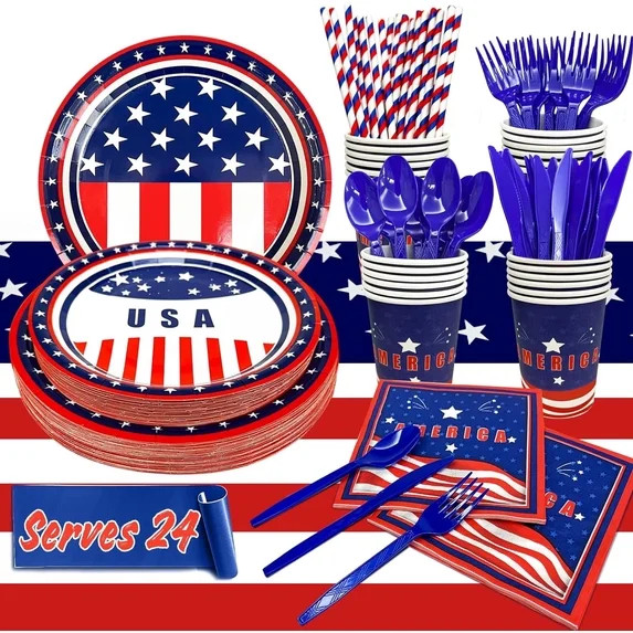24 Serving American Flag Disposable Tableware Set | Patriotic Plates Cups Napkins Cutlery with Ta... | Walmart (US)