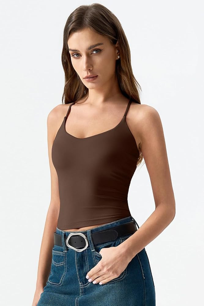 QINSEN Womens Cross Back Tank Top V Neck Double Lined Camisole Top Sleeveless Spaghetti Strap Goi... | Amazon (US)