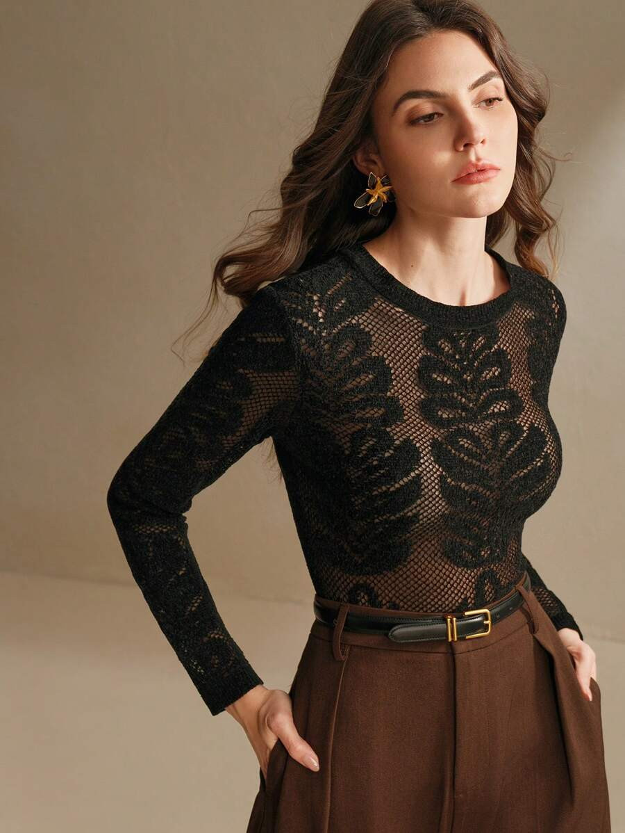 Anewsta Elegant, Sheer Textured Floral Jacquard Crew Neck Women's Black Sweater , New Year Christ... | SHEIN